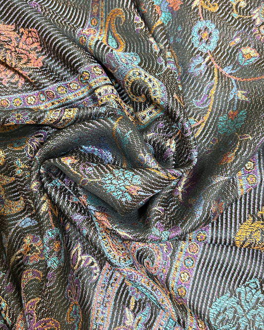 Handwoven pure silk shawl - BLACK MULTI
