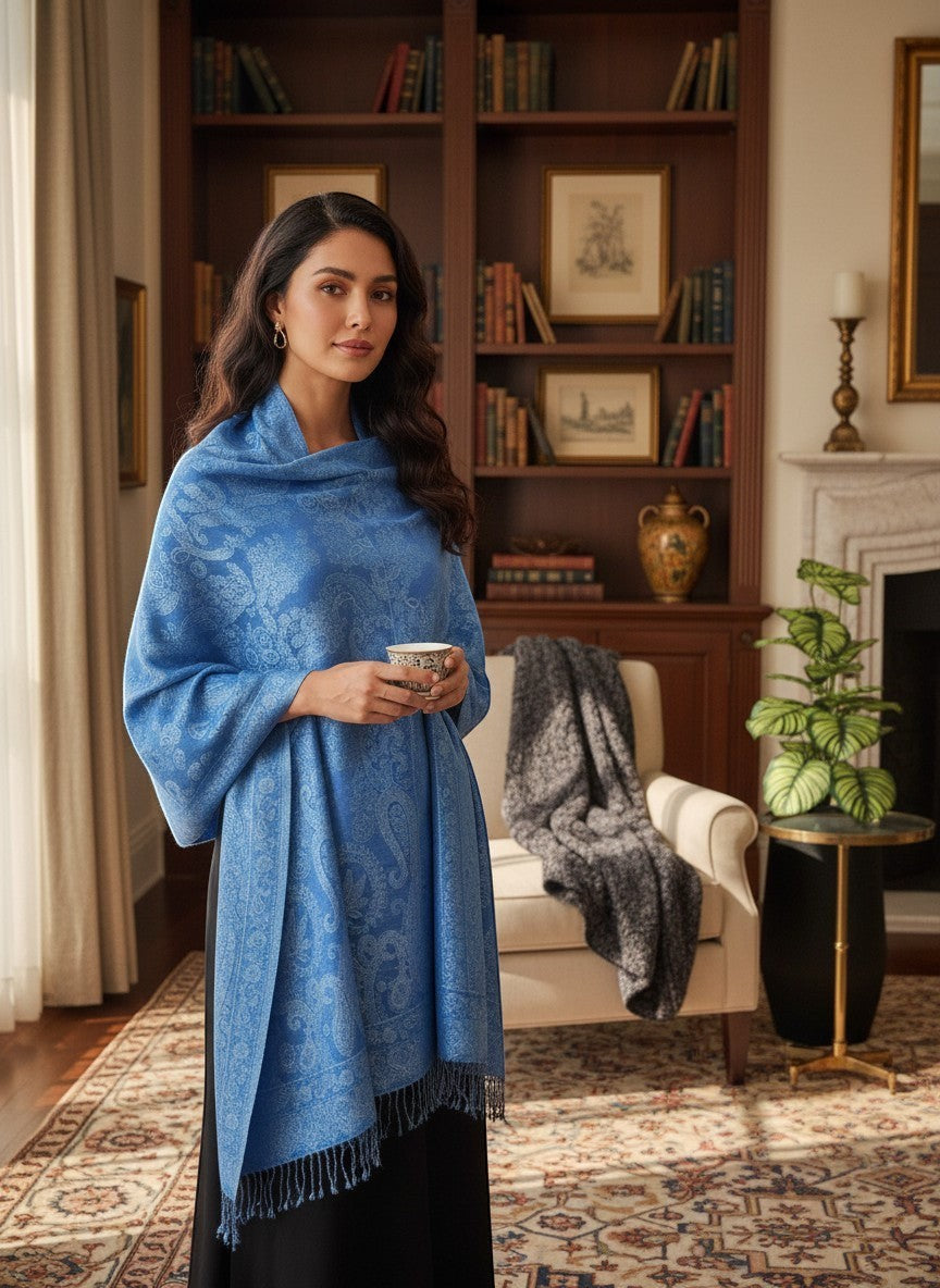 Noori Couture aquamarine pure silk shawl with paisley pattern and fringe detail, worn by a woman.