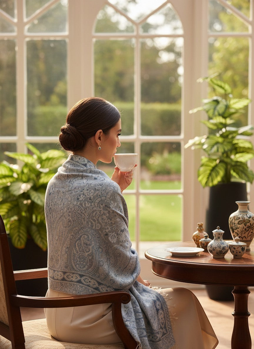 Noori Couture woman wearing a light grey pure silk shawl with intricate paisley pattern, enjoying tea by a sunlit window.