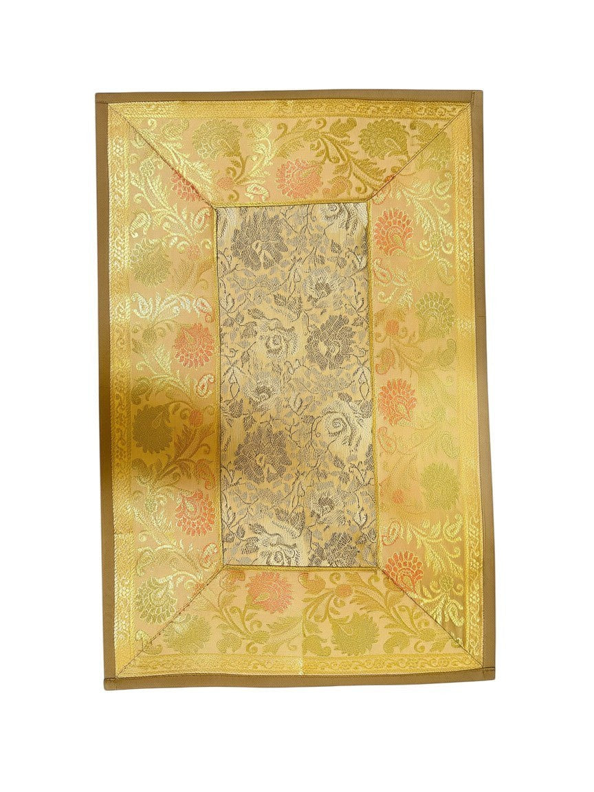 Noori Couture Limited Edition Royal Zari Dining Set: 13-piece luxury table runner, placemats & coasters in gold Banarasi art silk with paisley Tanchoi weaving and floral zari borders.