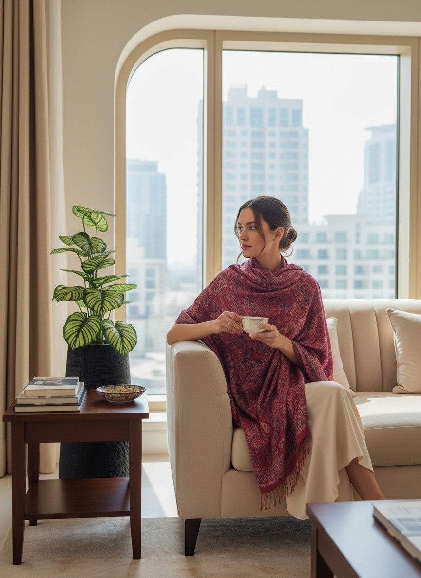 Noori Couture ruby red pure silk shawl with paisley pattern, draped by a woman holding a teacup.