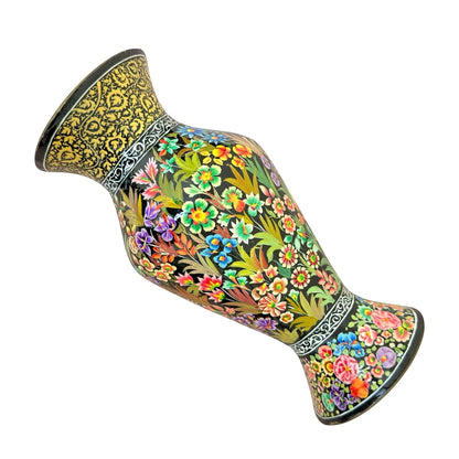 Noori Couture hand-painted paper mâché vase with intricate floral patterns in vibrant colors on a white background.