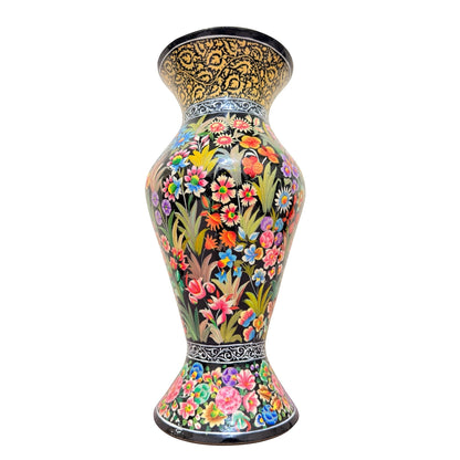 Noori Couture hand-painted paper mâché vase with vibrant floral motifs and gold detailing. Limited edition collectible art piece.