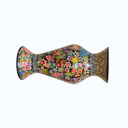 Noori Couture hand-painted paper mâché vase with vibrant floral motifs and gold accents. Limited edition collectible art.