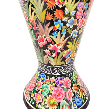 Noori Couture paper mâché vase with vibrant hand-painted floral designs and a decorative top border.