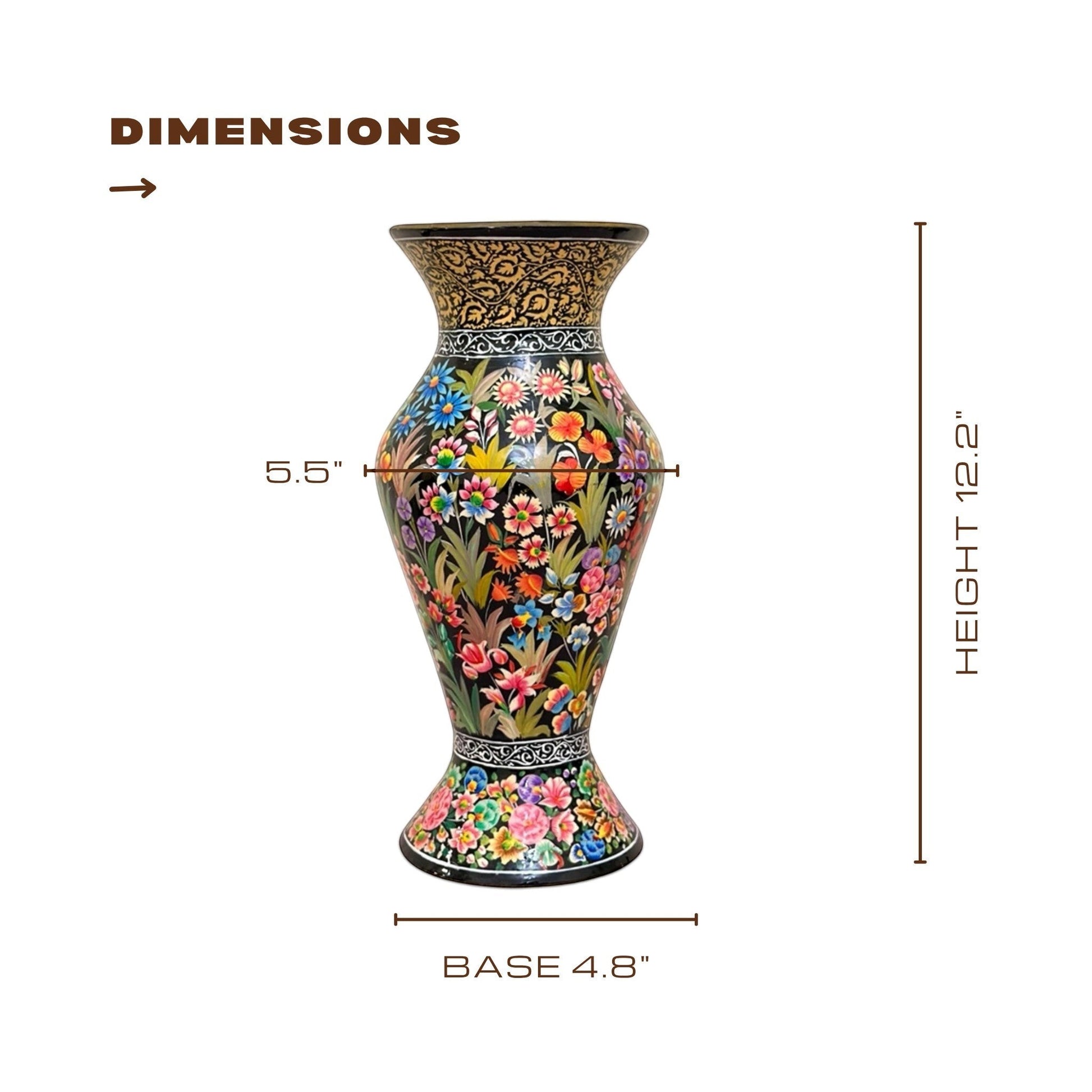 Noori Couture hand-painted paper mâché vase with vibrant floral designs and gold accents. Limited edition collectible art piece.