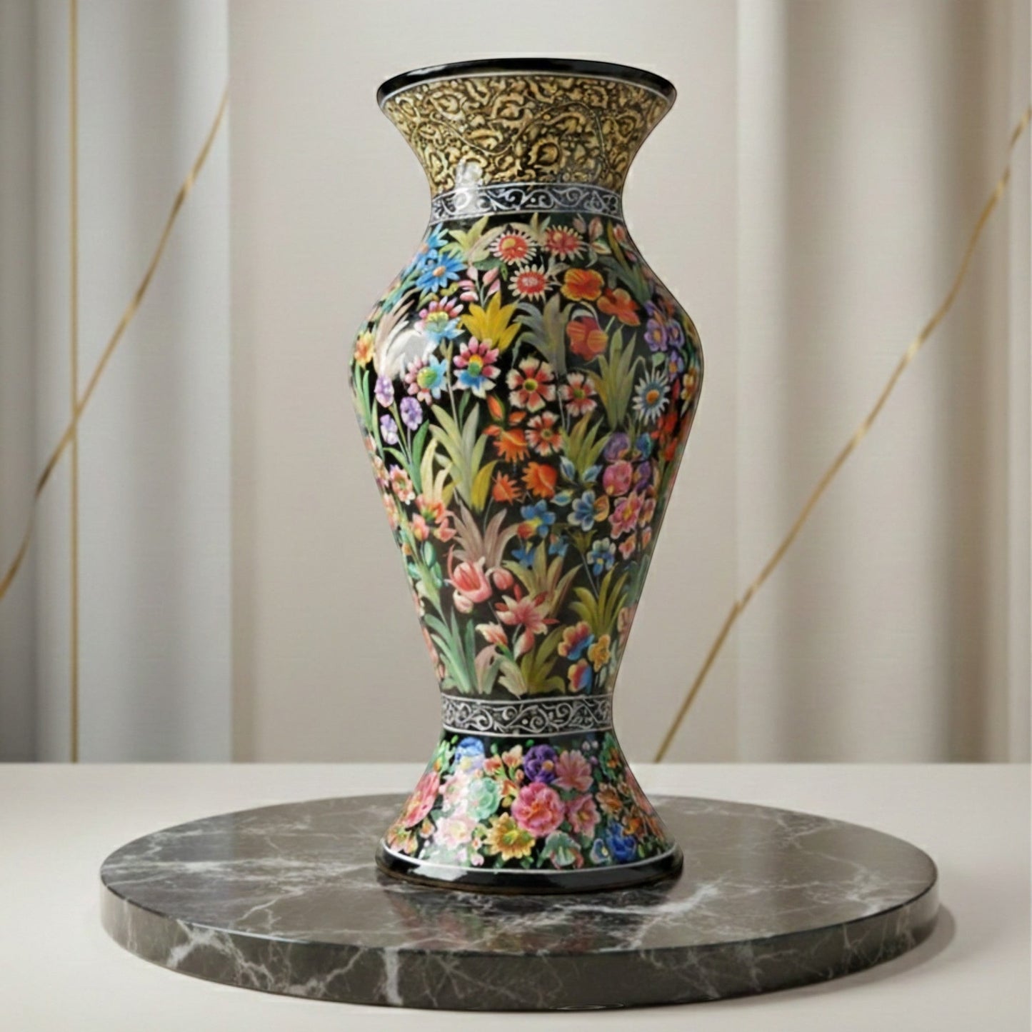 Noori Couture hand-painted paper mâché vase with vibrant floral motifs and gold detailing on neck. Limited edition collectible art.
Noori Couture hand-painted paper mâché vase with vibrant floral design and gold accents. Limited edition collectible art piece.