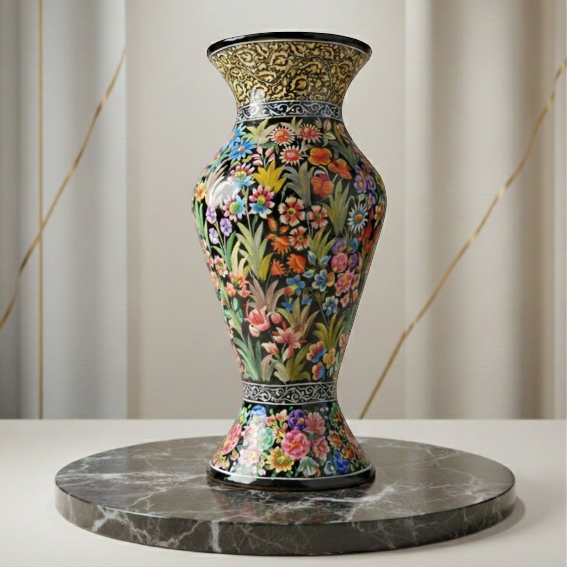 Noori Couture hand-painted paper mâché vase with vibrant floral motifs and gold detailing on neck. Limited edition collectible art.
Noori Couture hand-painted paper mâché vase with vibrant floral design and gold accents. Limited edition collectible art piece.