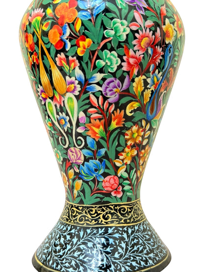Noori Couture hand-painted paper mâché vase with vibrant floral and bird motifs on a black background, featuring a decorative border and base.