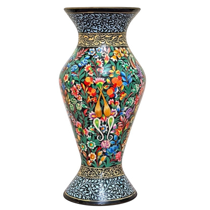 Noori Couture hand-painted paper mâché art vase with intricate floral patterns in vibrant colors on a black base. Limited edition collectible.