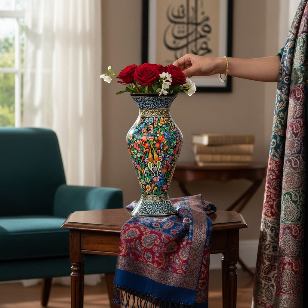 Noori Couture hand-painted paper mâché art vase with floral motifs in earthy tones and warm accents. Limited edition collectible.