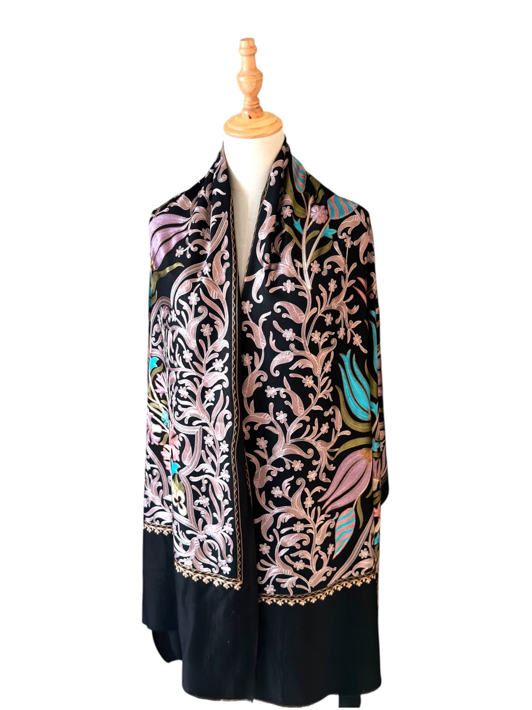 Noori Couture black handwoven Nalki Jamawar shawl featuring intricate floral silk embroidery on fine wool fabric.