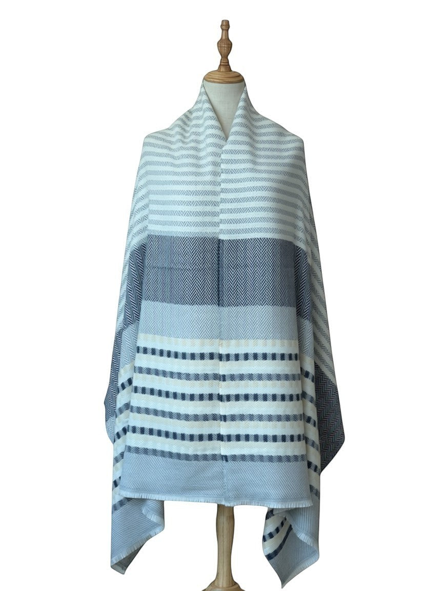 Noori Couture grey, white, and pale yellow striped herringbone cashmere scarf. Versatile, soft, and breathable.