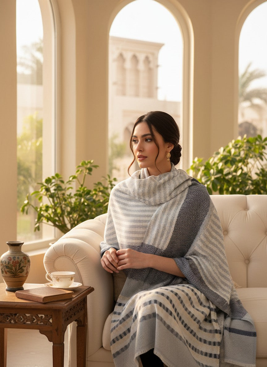 Noori Couture woman wearing a grey, white, and pale yellow striped herringbone cashmere scarf draped over her shoulders.