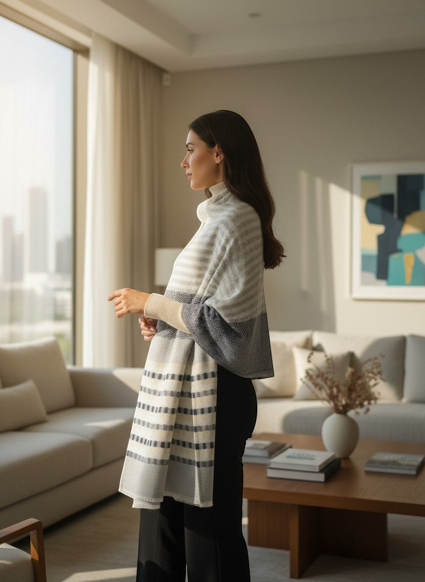 Noori Couture cashmere scarf with grey, white, and pale yellow stripes and herringbone pattern. Model wears it draped over shoulders.