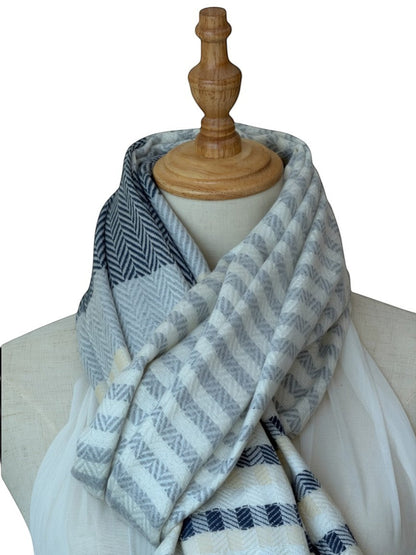 Noori Couture grey, white, and pale yellow cashmere blend scarf with herringbone and striped patterns.