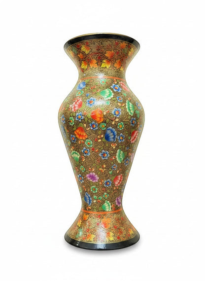 Noori Couture hand-painted floral decorative vase made with Papier Mache with vibrant colorful motifs and gold patterns. Curved silhouette.
