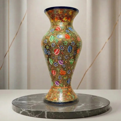 Noori Couture hand-painted floral decorative vase made with Papier Mache with vibrant colorful motifs and gold patterns. Curved silhouette.