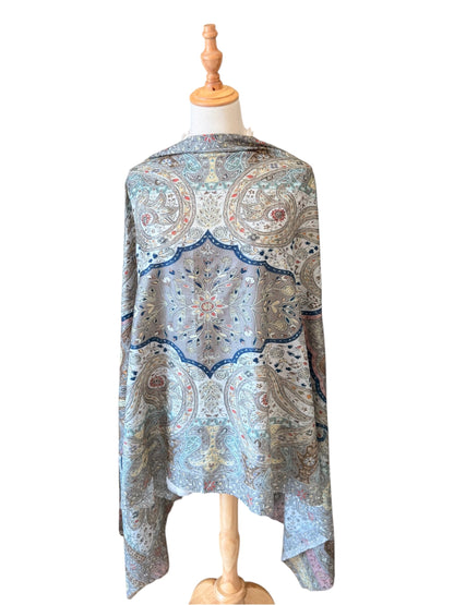 Noori Couture handwoven aqua Merino wool shawl featuring intricate hand-painted Kalamkari motifs and silk embroidery.
