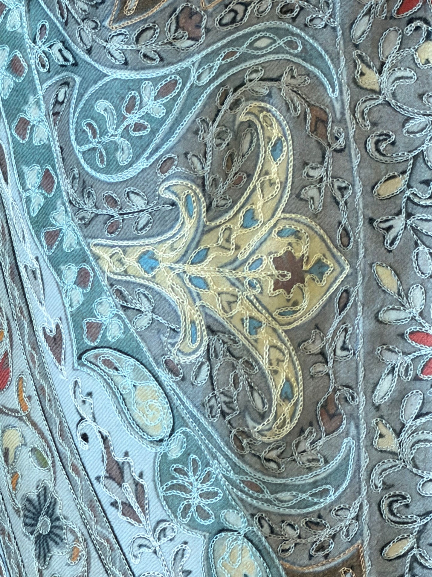 Noori Couture aqua handwoven Merino wool shawl featuring intricate hand-painted Kalamkari motifs and silk embroidery.