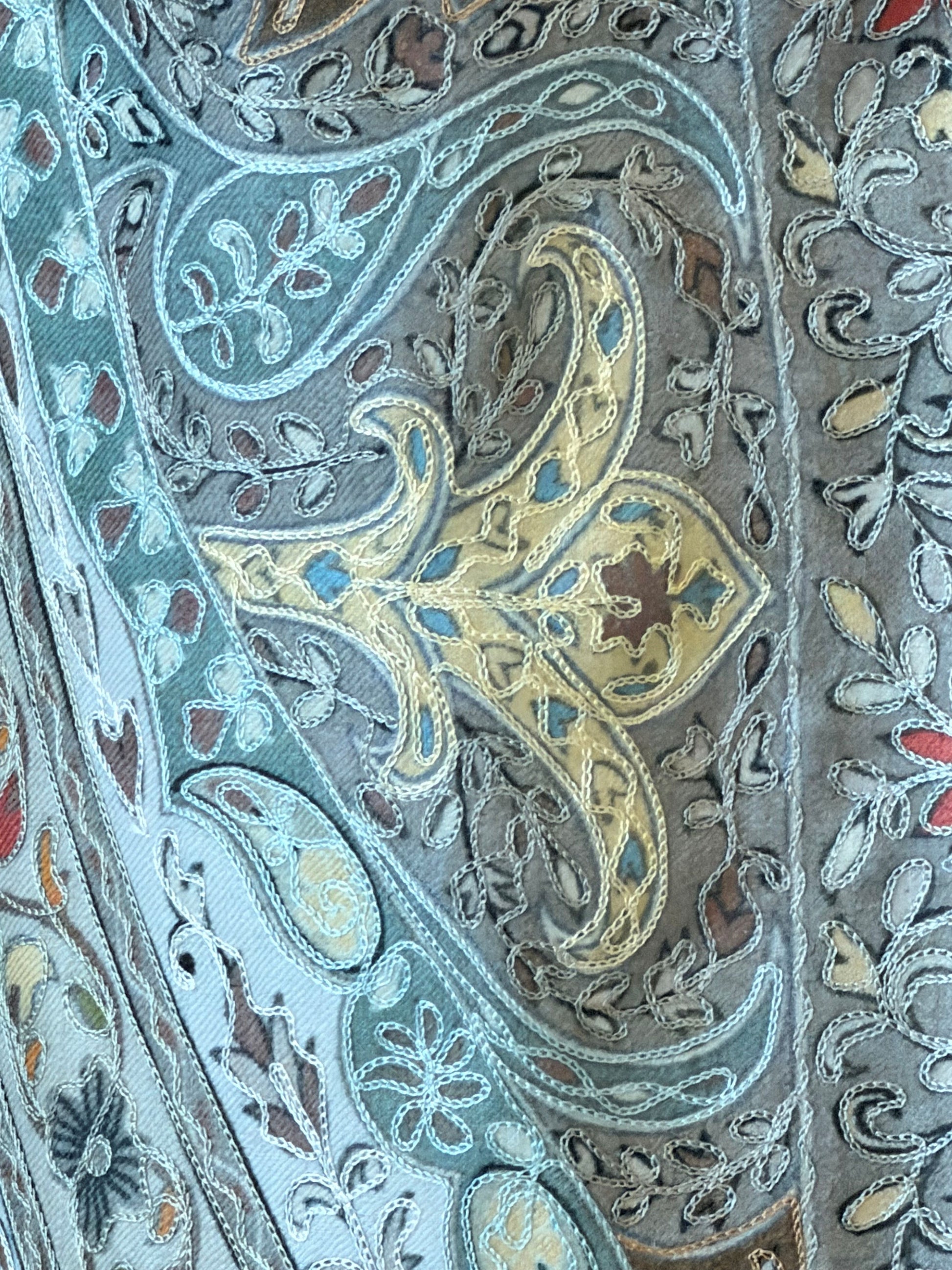 Noori Couture aqua handwoven Merino wool shawl featuring intricate hand-painted Kalamkari motifs and silk embroidery.