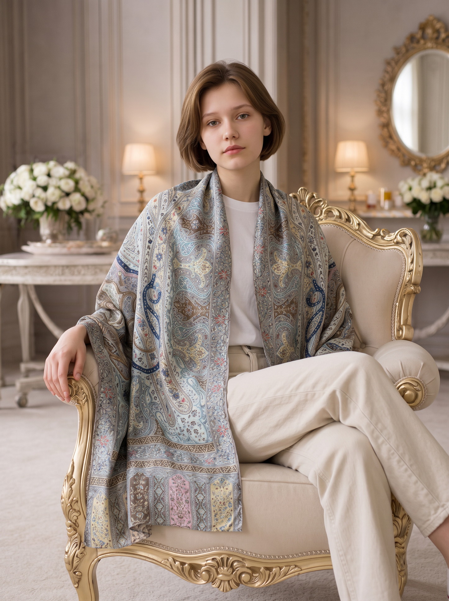 Noori Couture aqua handwoven merino wool shawl with intricate hand-painted Kalamkari motifs and silk embroidery