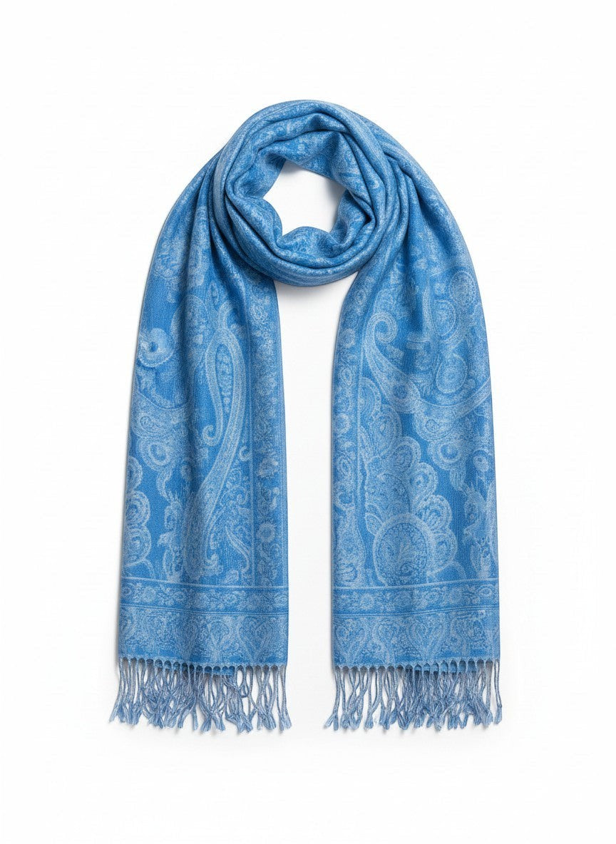 Noori Couture aquamarine pure silk shawl with white paisley pattern and fringed edges.