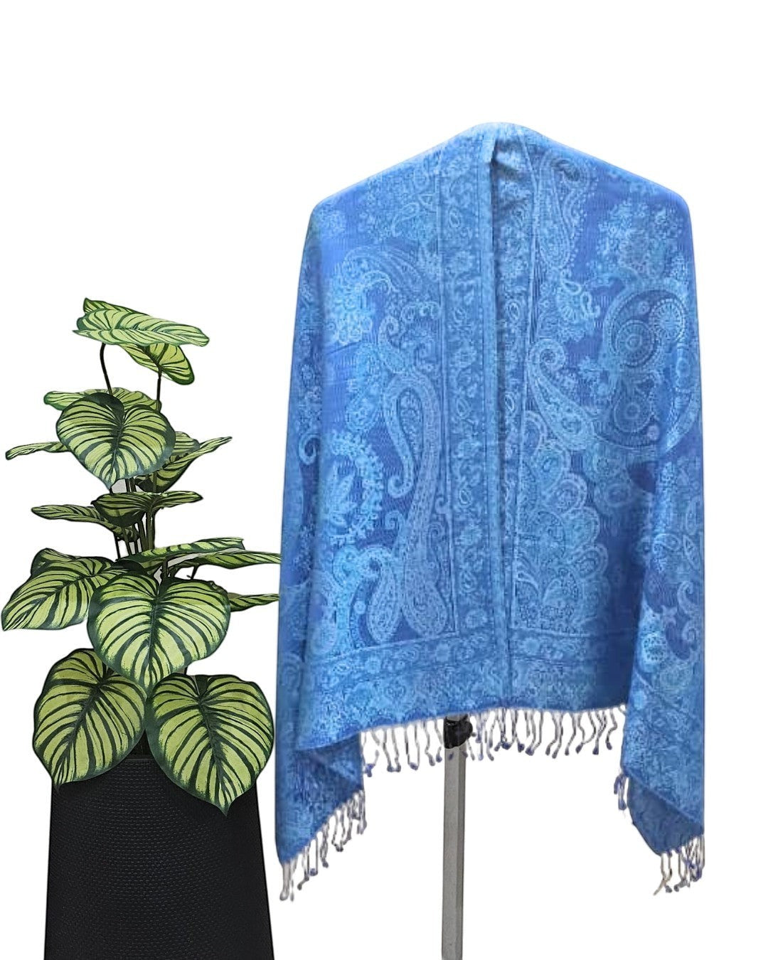 Noori Couture aquamarine blue pure silk shawl with paisley pattern and fringe detail.