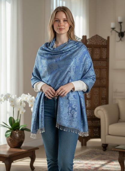 Noori Couture aquamarine handwoven pure silk shawl with paisley pattern and beaded fringe detail.