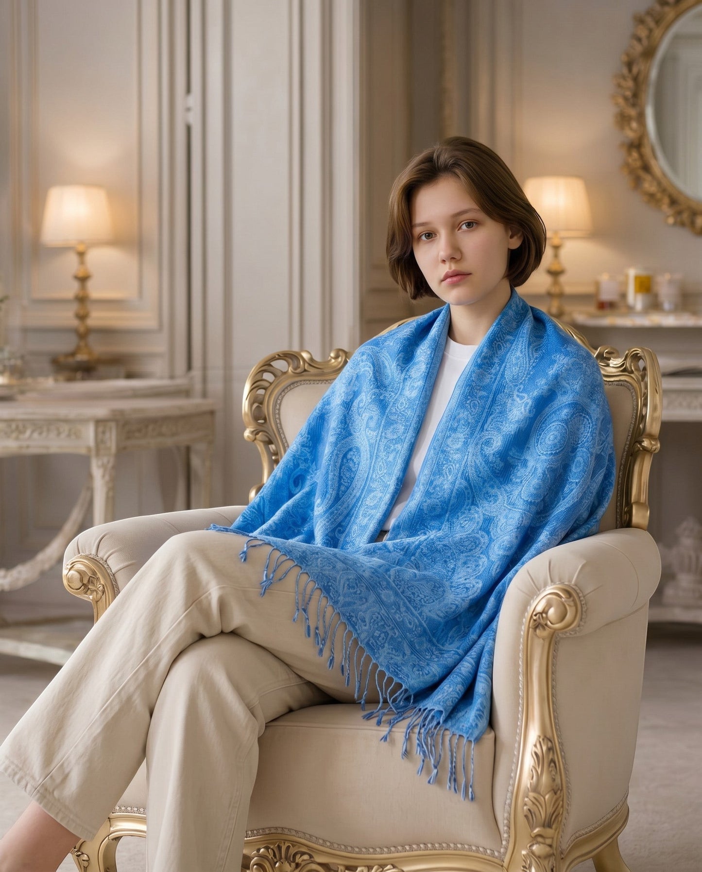Noori Couture aquamarine blue pure silk handwoven shawl with paisley pattern and fringe detail.
