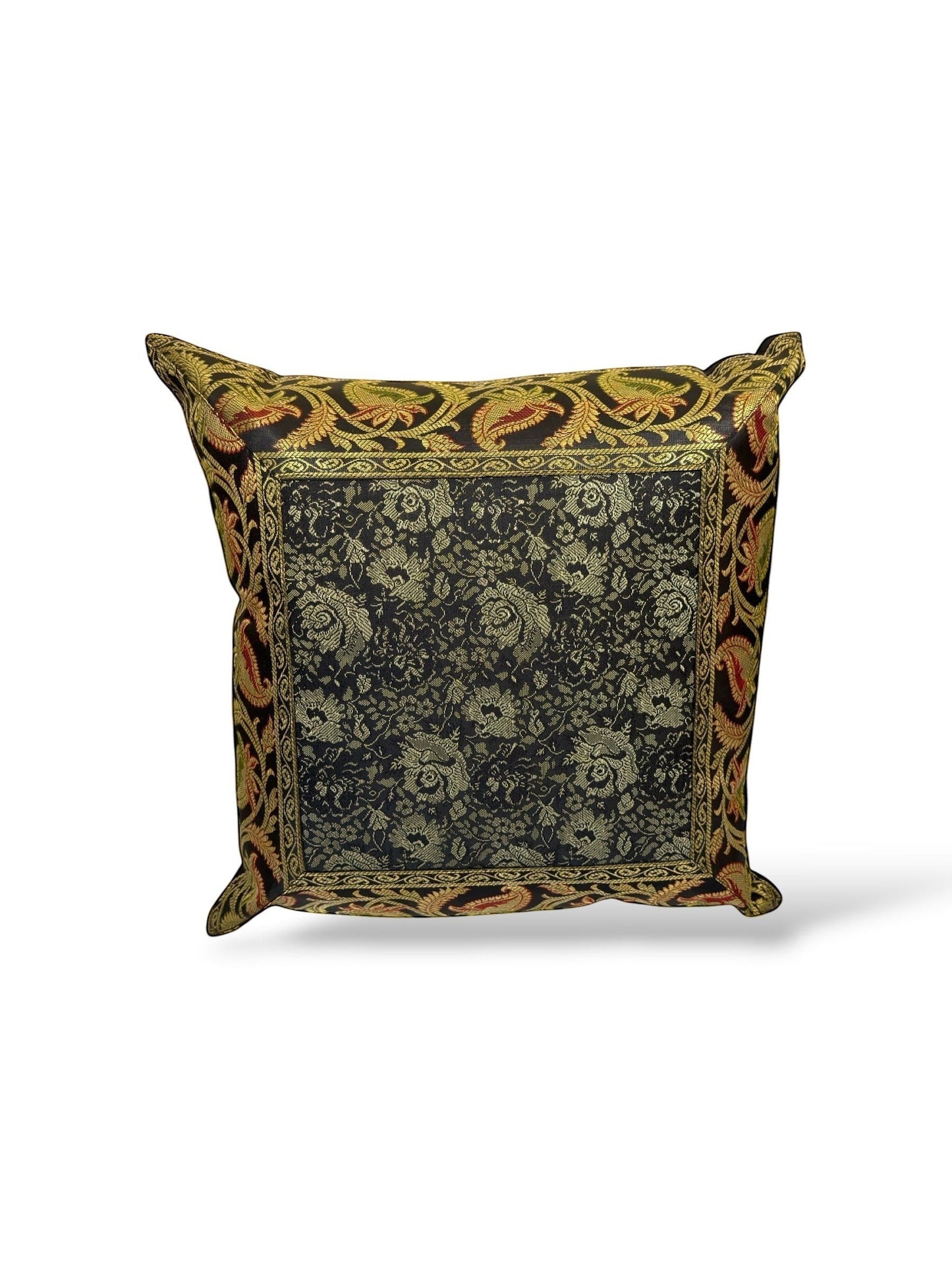 Noori Couture black and gold brocade cushion cover with floral and paisley motifs, rich texture, and ornate detailing.