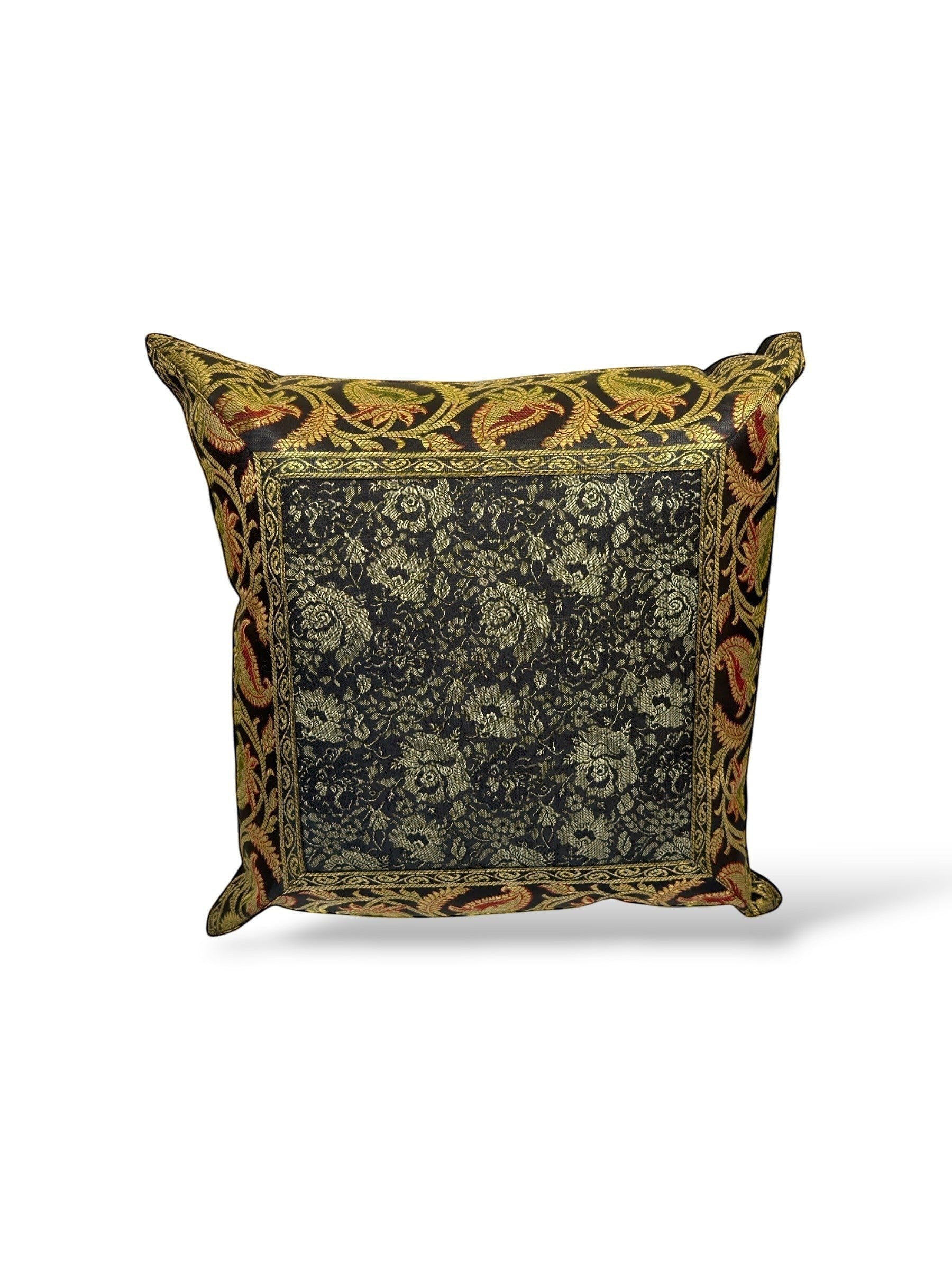 Noori Couture black and gold brocade cushion cover with floral and paisley motifs, rich texture, and ornate detailing.