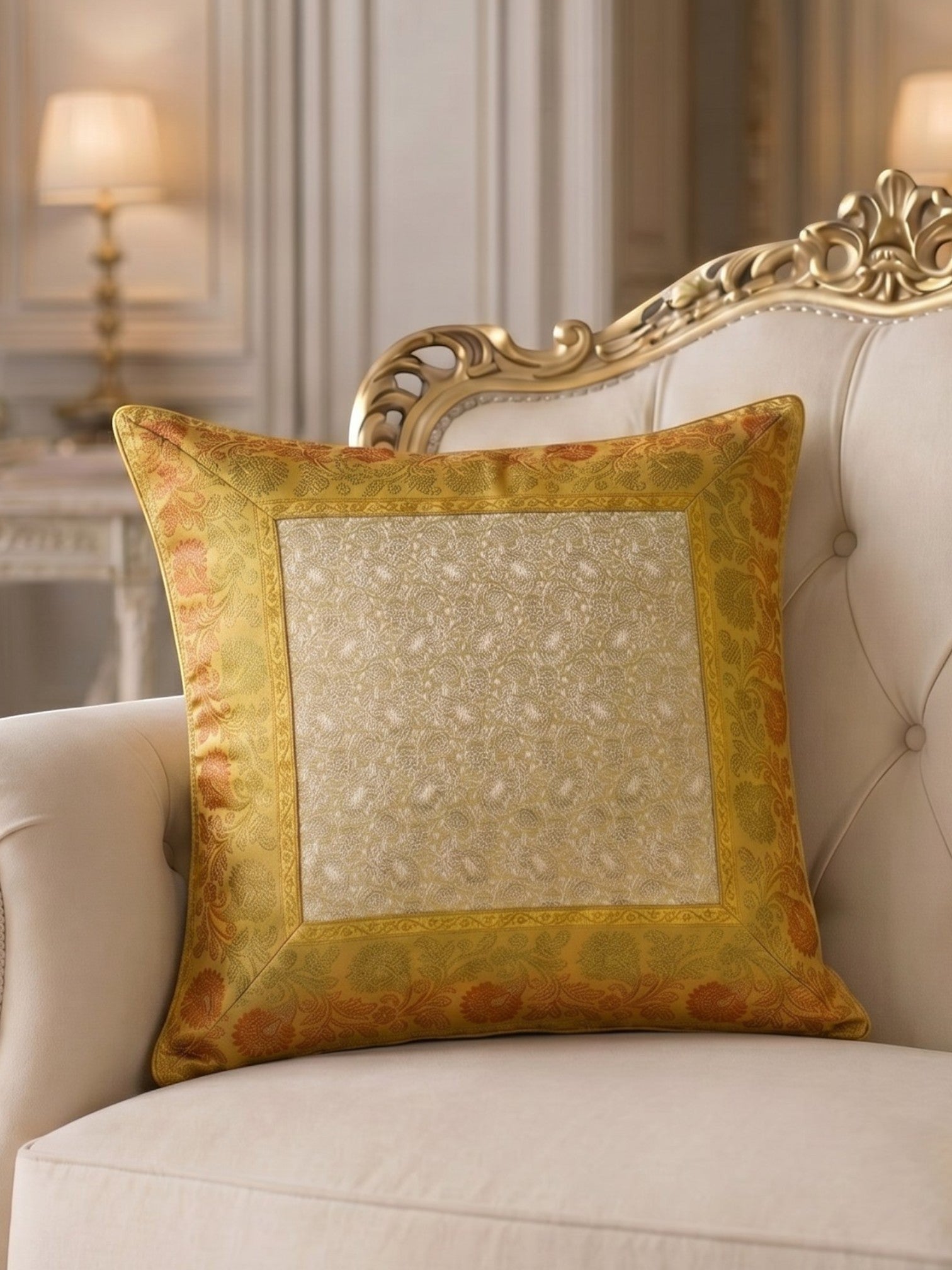 Noori Couture Banarasi brocade cushion cover in gold with intricate zari detailing and traditional motifs.