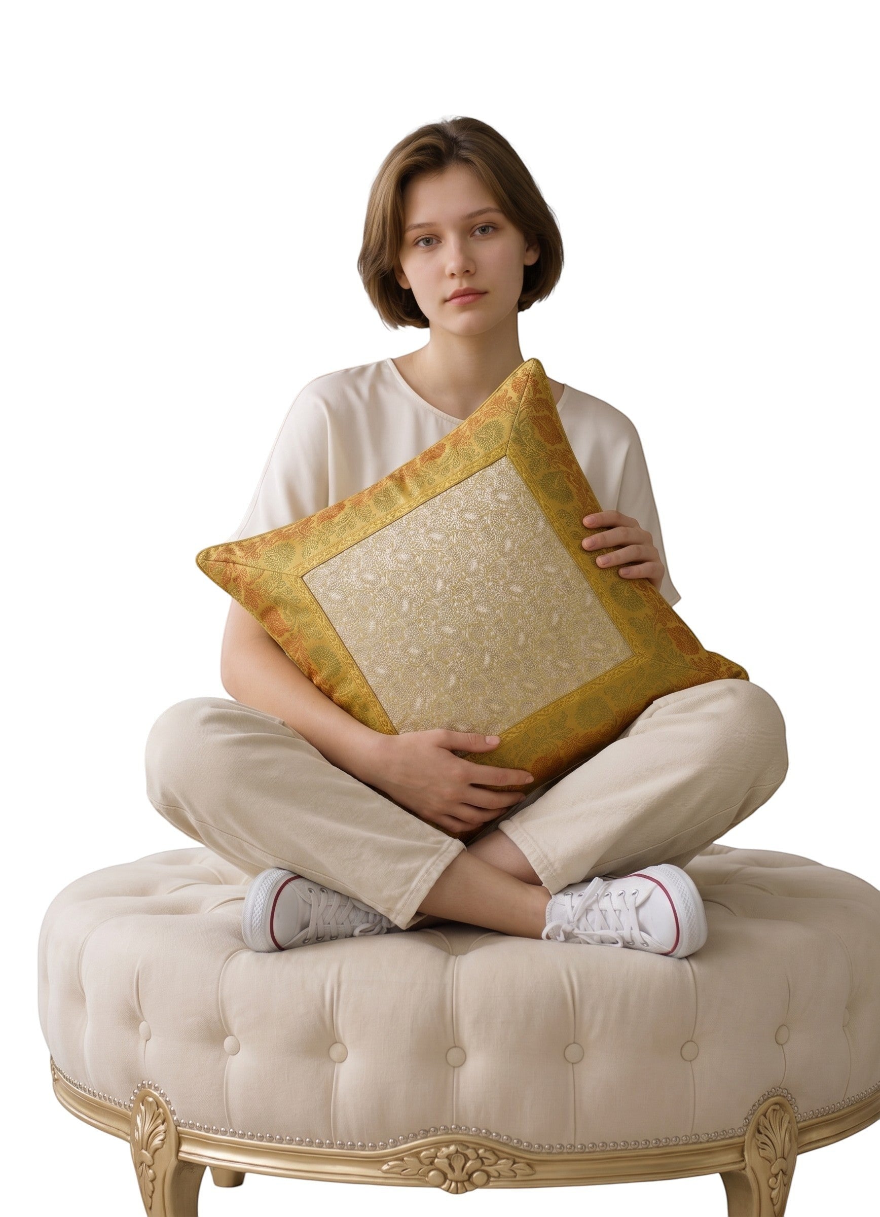 Noori Couture Banarasi brocade cushion cover in gold with intricate zari detailing and traditional motifs. Cover only.