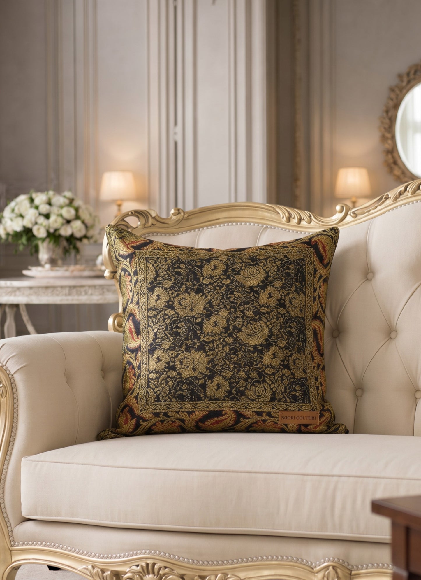 Noori Couture black Banarasi brocade cushion cover with intricate zari detailing and floral motifs, 16x16 inches.