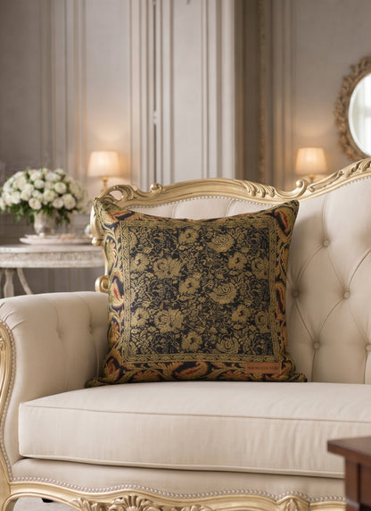 Noori Couture black Banarasi brocade cushion cover with intricate zari detailing and floral motifs, 16x16 inches.