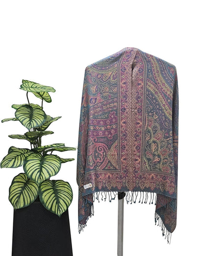 Noori Couture handwoven pure silk shawl in black and green with paisley pattern and fringe detail.