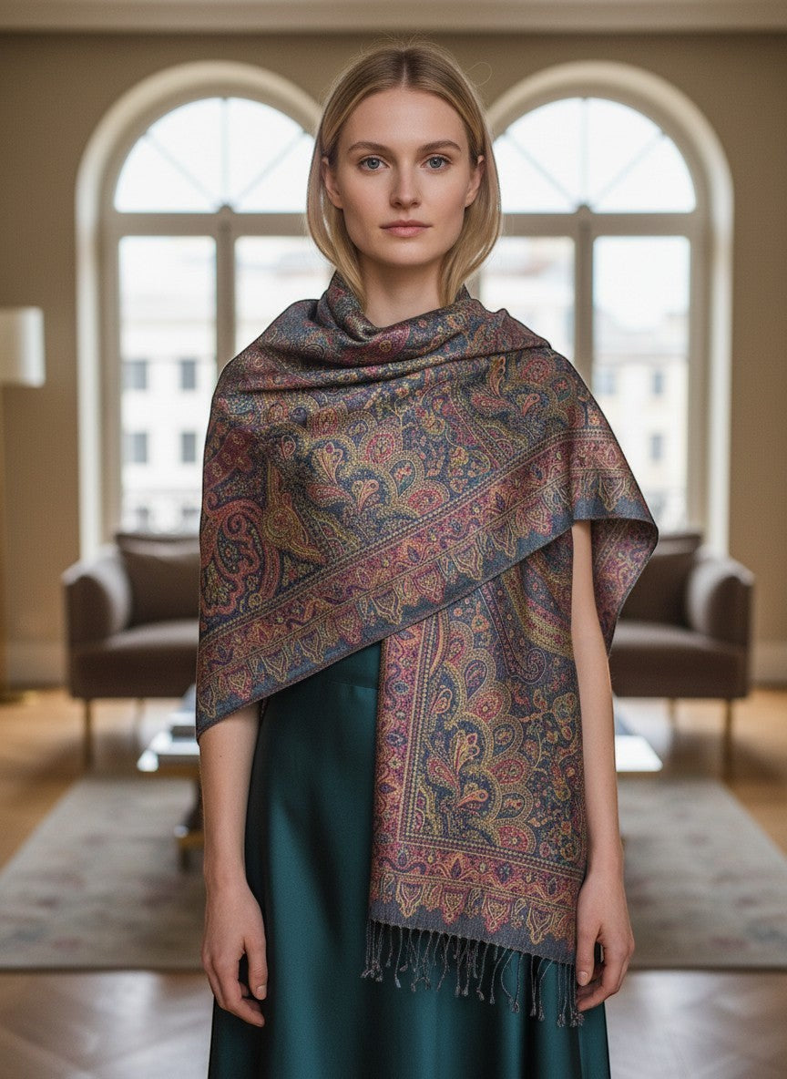 Noori Couture handwoven pure silk shawl in black, green, and burgundy paisley pattern with fringe detail.