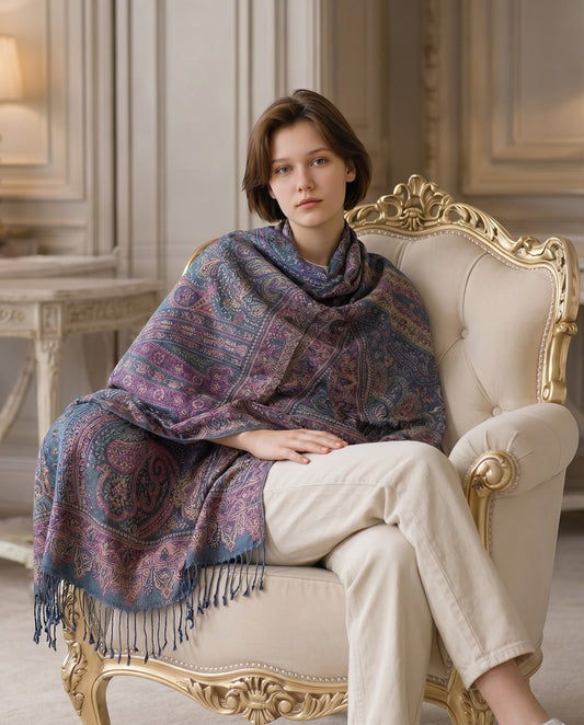 Noori Couture handwoven pure silk shawl in black and green with paisley pattern and fringe detail.