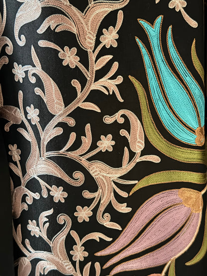 Noori Couture black handwoven Nalki Jamawar shawl featuring intricate floral silk embroidery in pastel tones