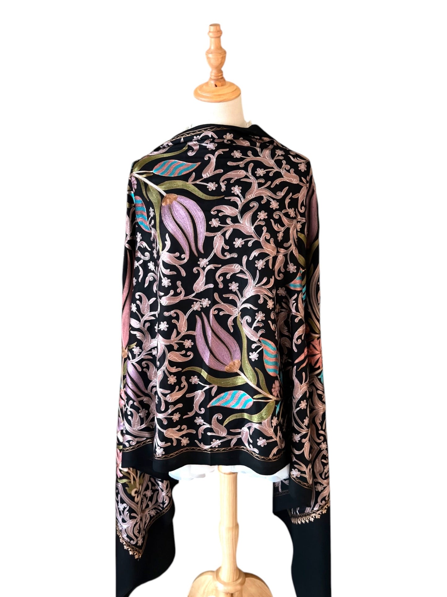Noori Couture black handwoven Nalki Jamawar shawl featuring intricate floral silk embroidery on fine wool fabric.