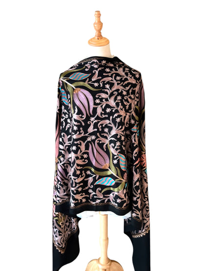 Noori Couture black handwoven Nalki Jamawar shawl featuring intricate floral silk embroidery on fine wool fabric.