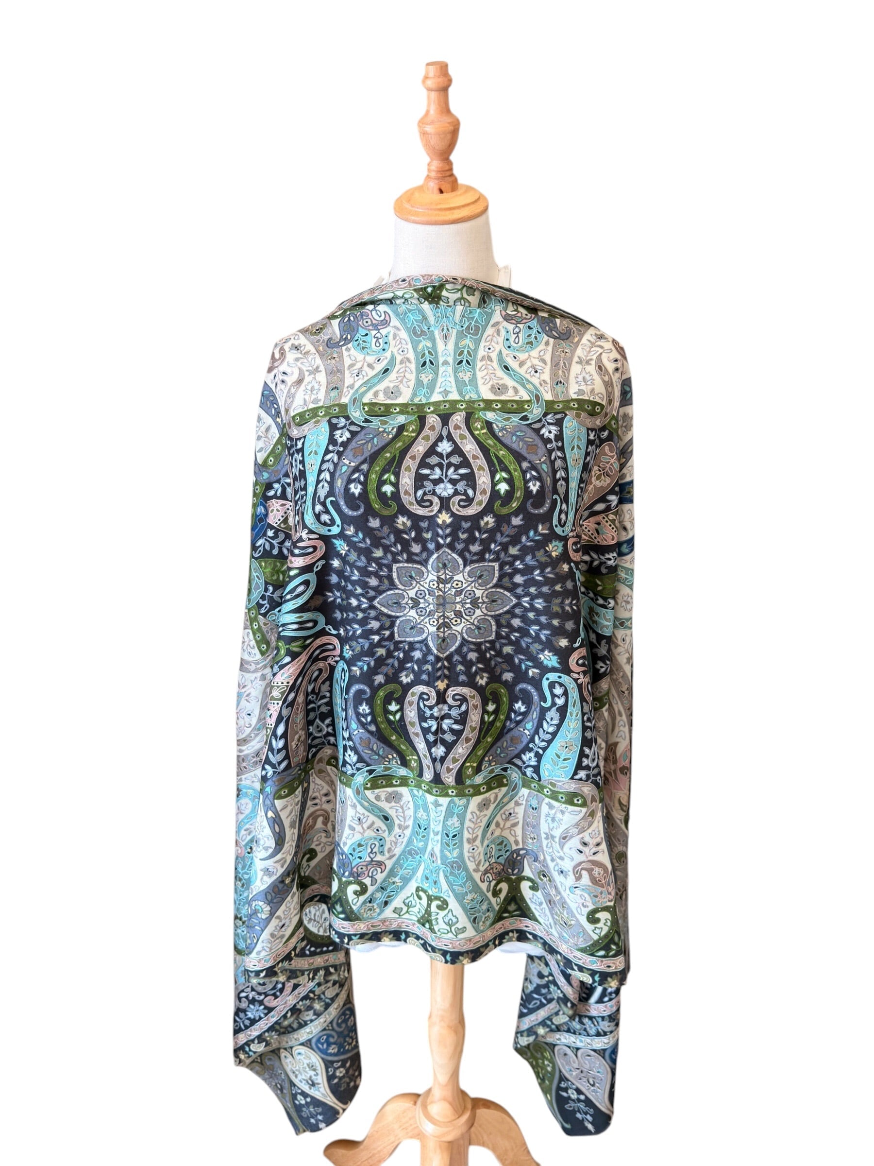 Noori Couture black handwoven Merino wool shawl with intricate hand-painted Kalamkari patterns and silk embroidery.