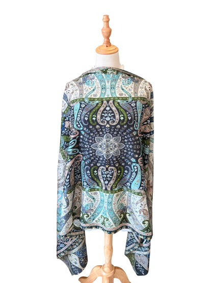 Noori Couture black handwoven Merino wool shawl with intricate hand-painted Kalamkari patterns and silk embroidery.