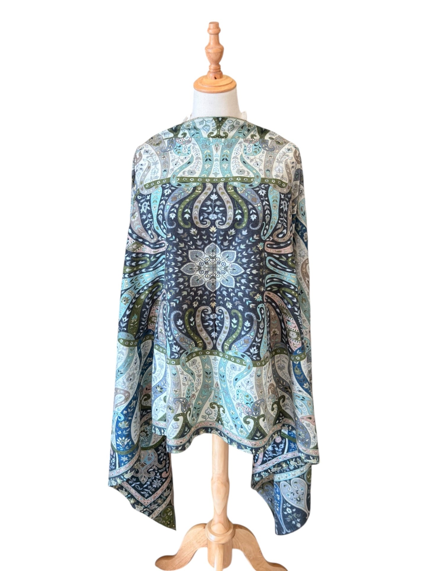 Noori Couture black handwoven Merino wool and silk Kalamkari shawl with intricate hand-painted floral paisley patterns.
