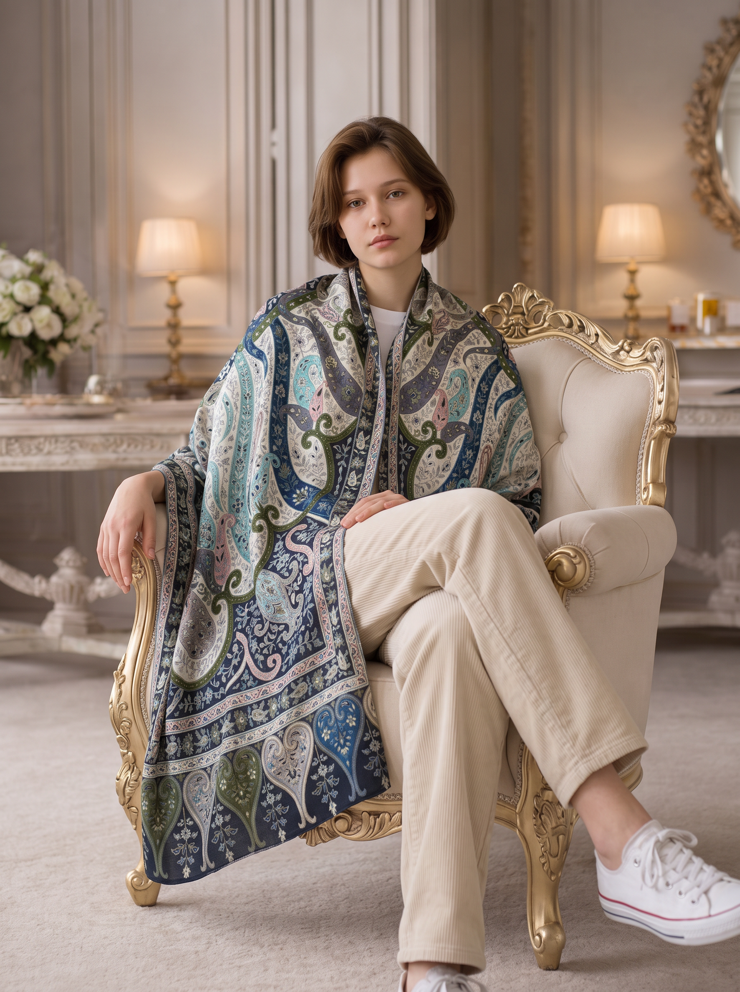 Noori Couture handwoven black Merino wool and silk Kalamkari shawl with intricate hand-painted floral patterns.