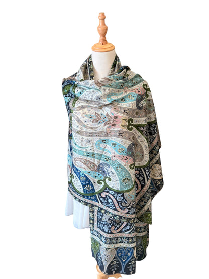 Noori Couture black handwoven Merino wool shawl featuring intricate hand-painted Kalamkari patterns and silk embroidery.