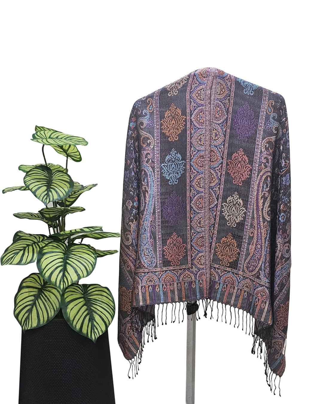 Noori Couture black multi-colored pure silk shawl with paisley and floral patterns and fringe trim.