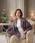 Noori Couture black multi-colored pure silk shawl with paisley and floral motifs and fringe detail.