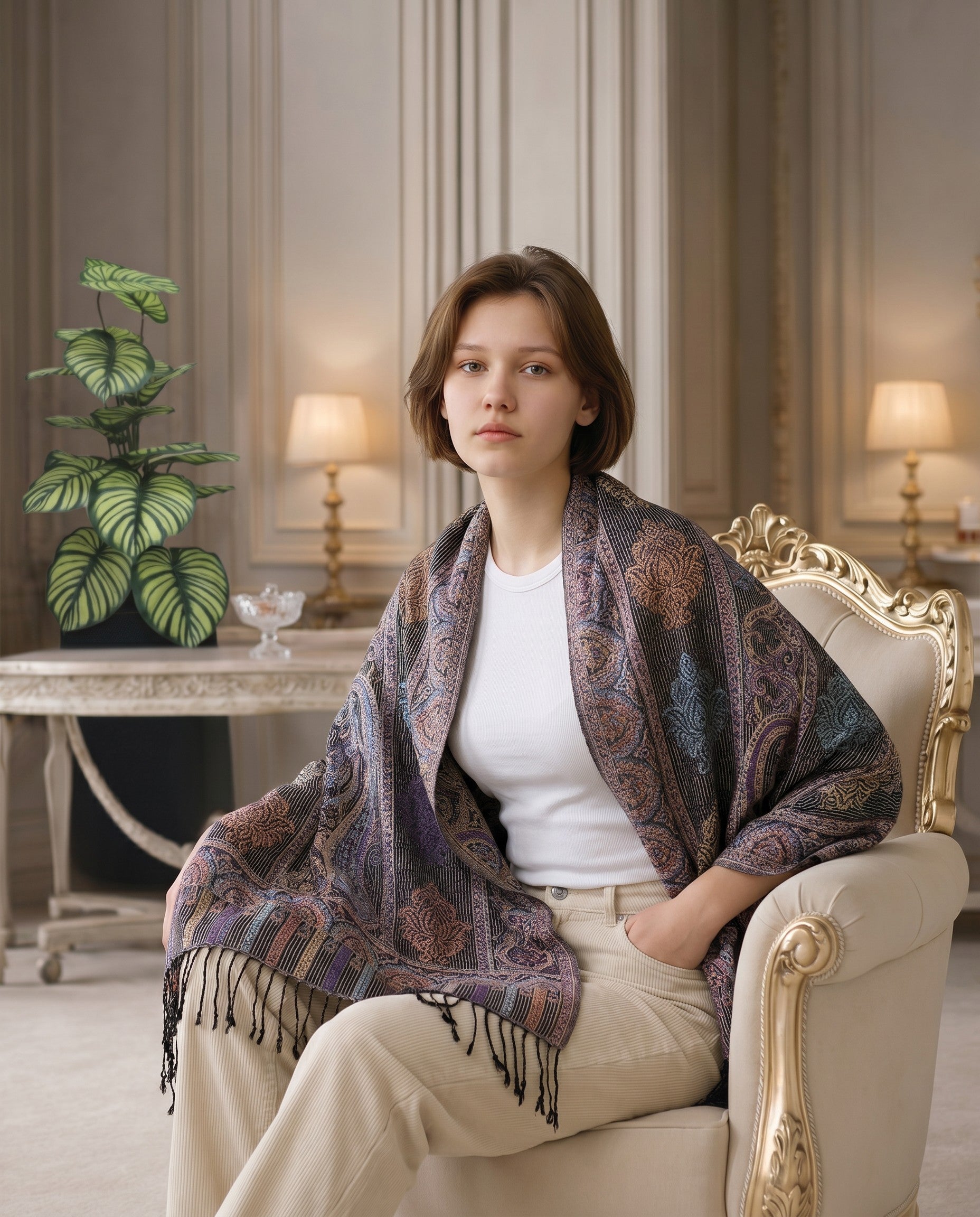 Noori Couture black multi-colored pure silk shawl with paisley and floral motifs and fringe detail.